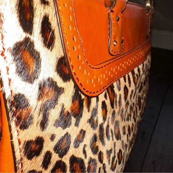 Antonio Melani Y2K Orange Leather Leopard Calf Hair Large Satchel Tote Tassels - Picture 8 of 16